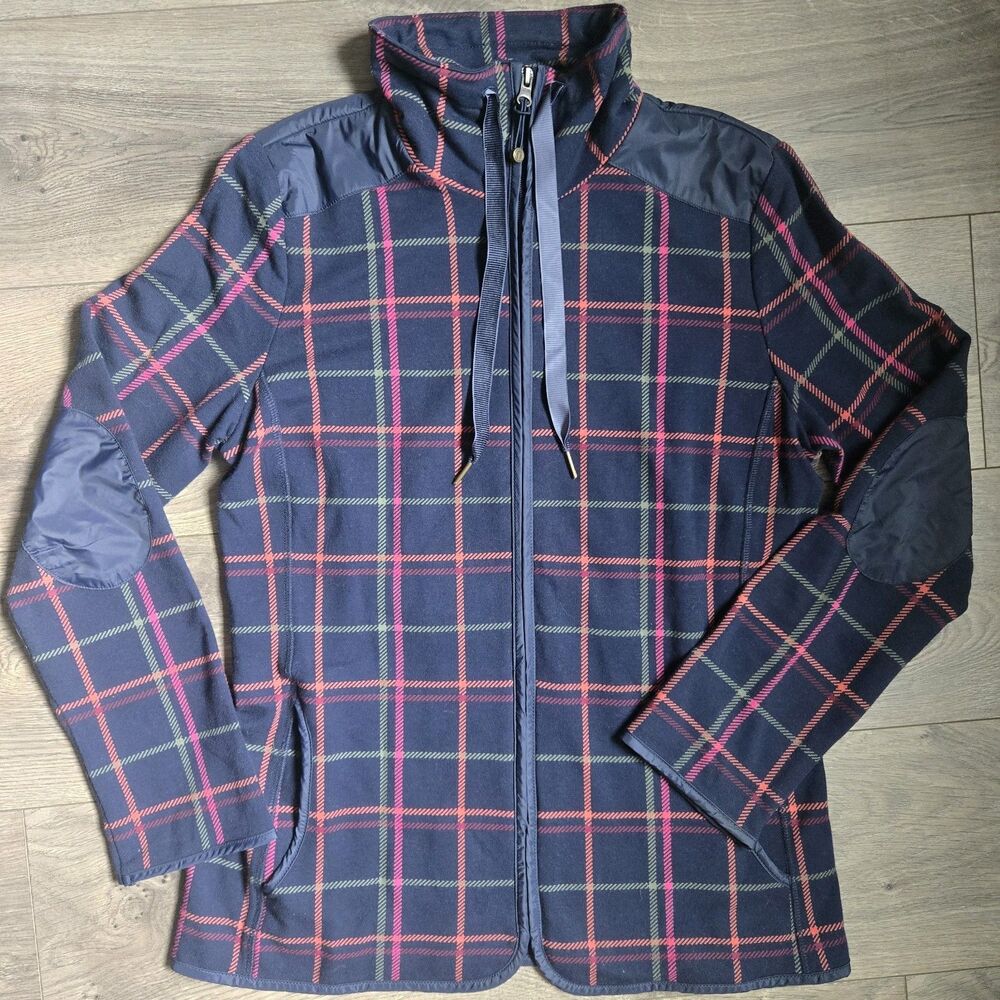Talbots Plaid Jacket Womens M Navy Pink Fleece Full Zip Elbow Patch Preppy Coat